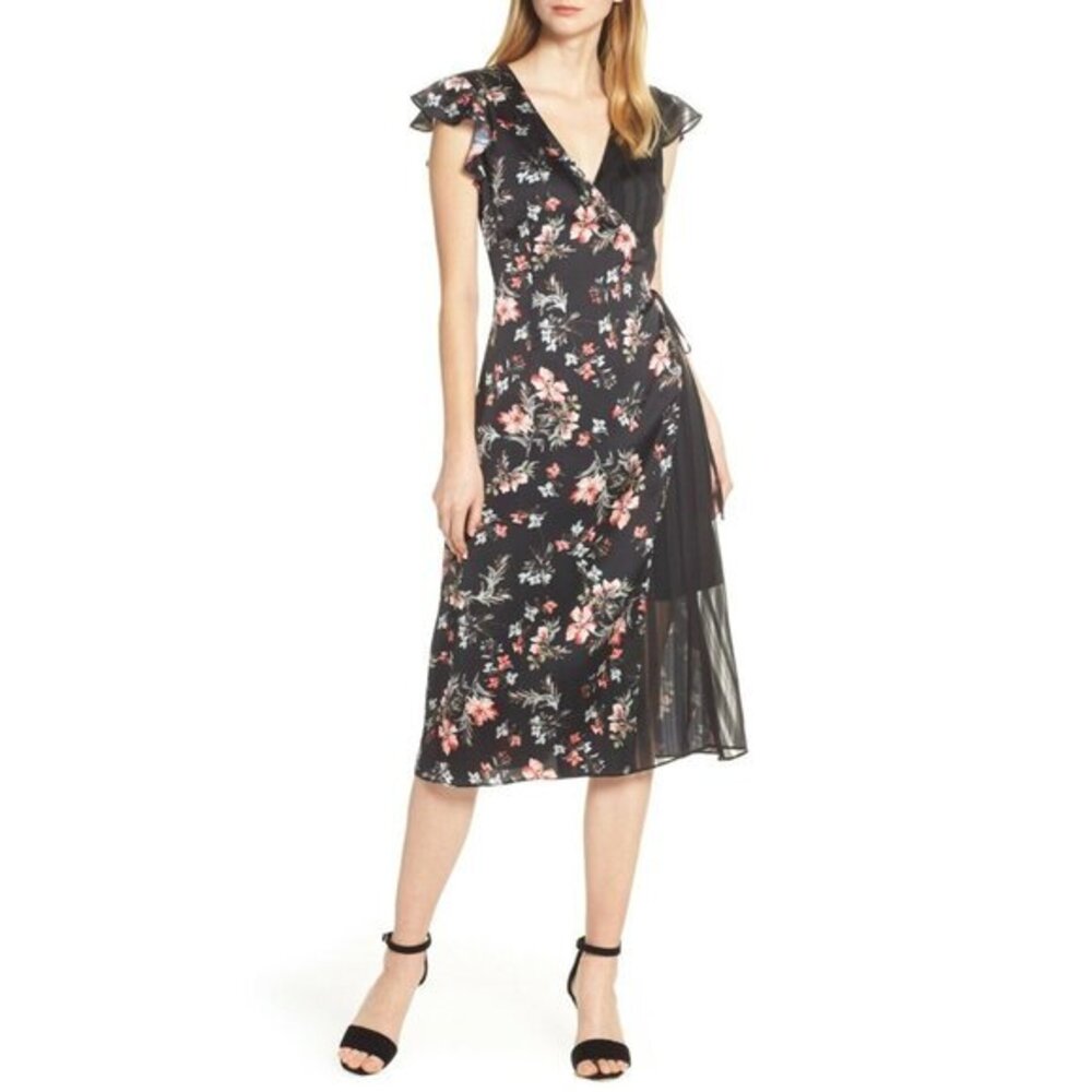 Avec Les Filles Dress Cosmo Flower Satin Chiffon Wrap Black Red Floral Sz 8 NWT